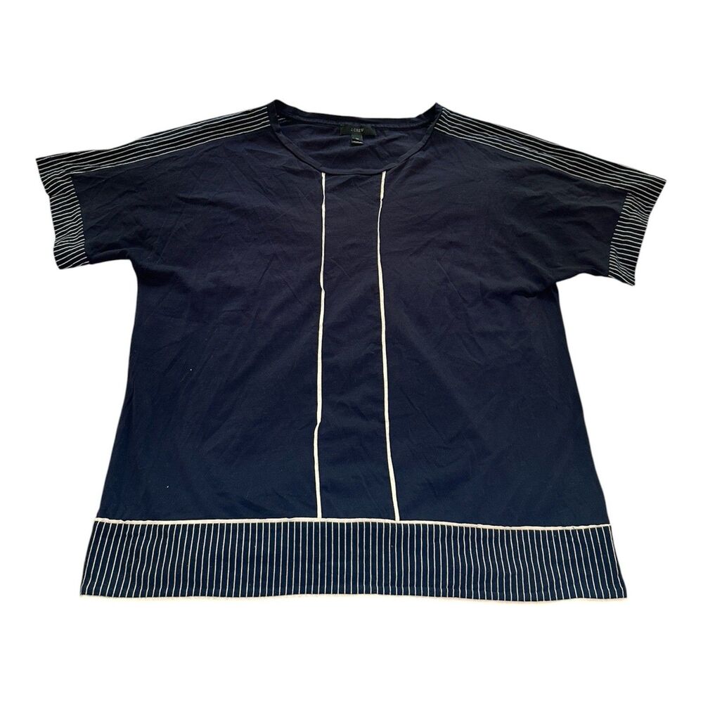 J.Crew Navy Blue Cotton Short Sleeve Top Striped Trim Accent Blouse Size M